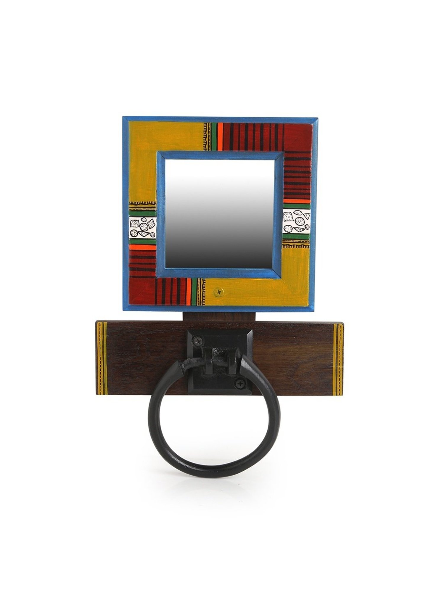 ExclusiveLane Warli Hand-painted Towel Holder & Mirror In Pine Wood