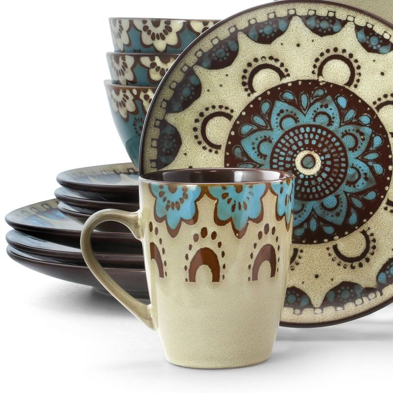 16pc Stoneware Earth and Water Dinnerware Set Blue/Taupe - Elama