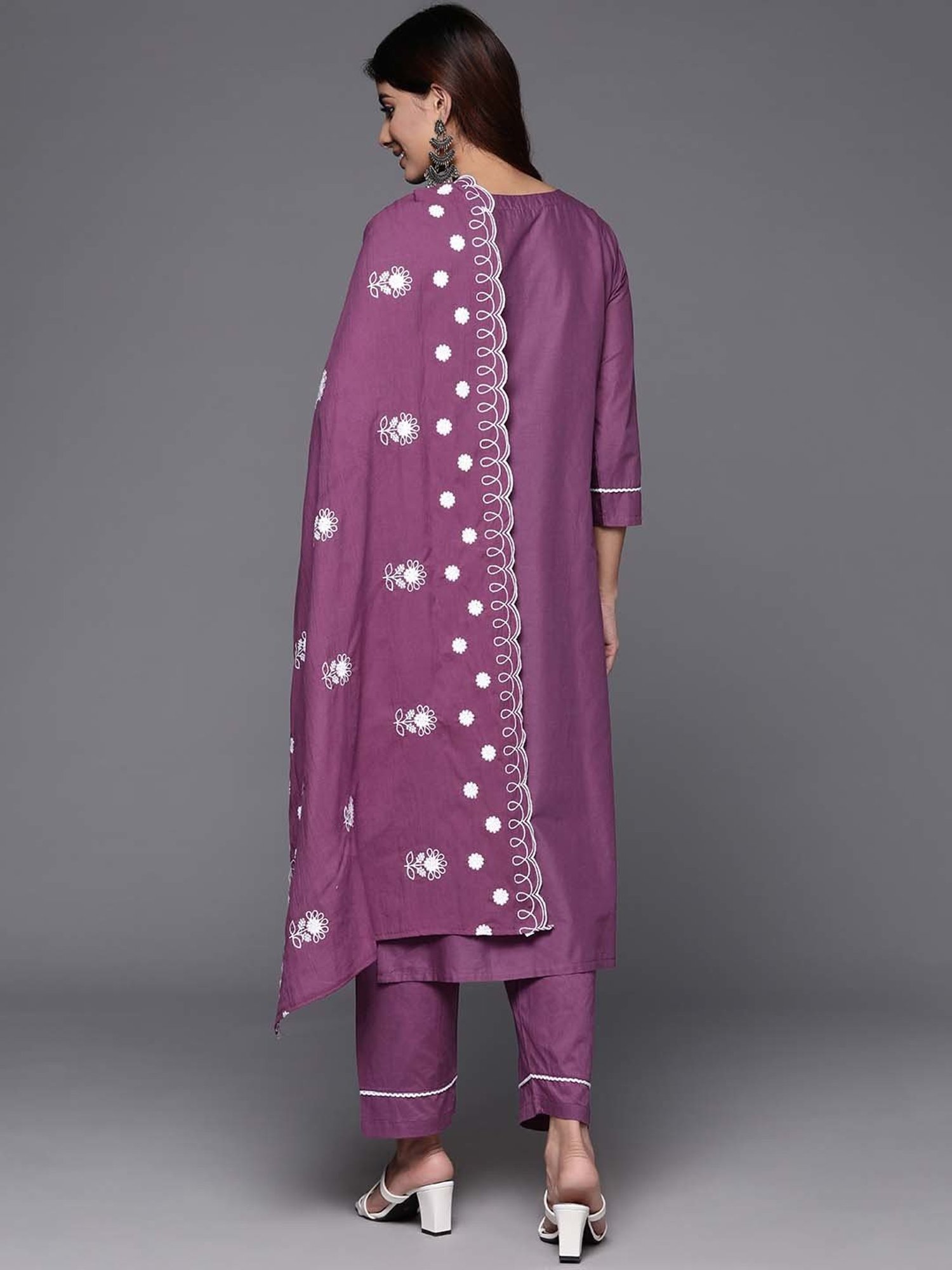 Varanga Purple Cotton Embroidered Kurta Pant Set With Dupatta