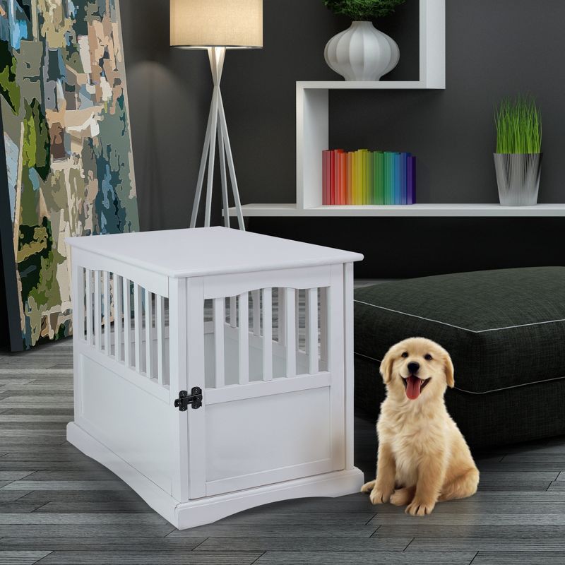 Casual Home Solid Wood Lockable Gate Door Pet Crate and End Side Table, White