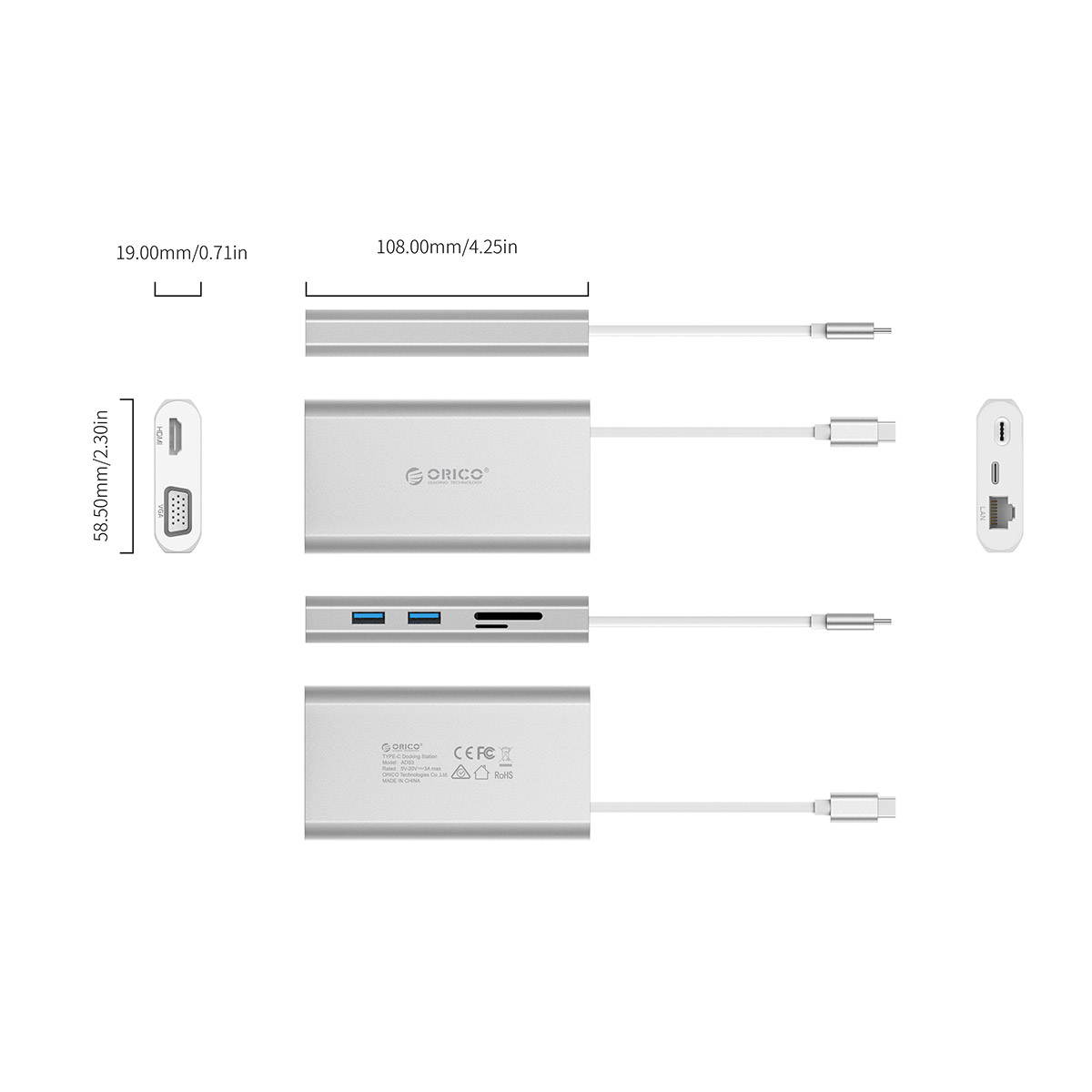 ORICO USB C HUB Type-C to HDMI/VGA/RJ45/TF/SD/USB3.0 HUB Multi-function Docking Station With Type-C PD Charging For PC Mac Laptop
