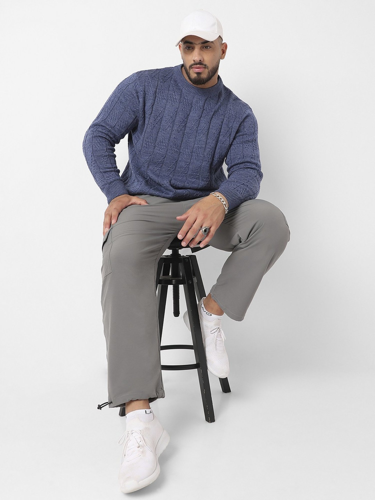 Instafab Plus Blue Regular Fit Texture Plus Size Sweater