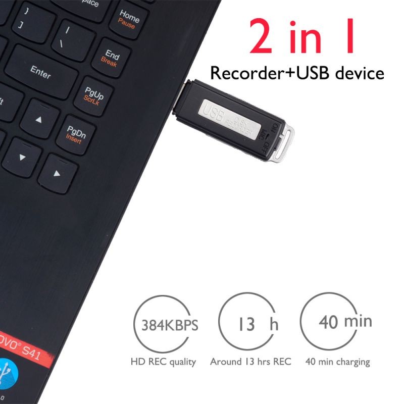 2 in 1 Mini USB Pen 8GB 16GB Key Chain Digital Audio Voice Recorder 384KBPS A Key Recording 70hours Recording Black