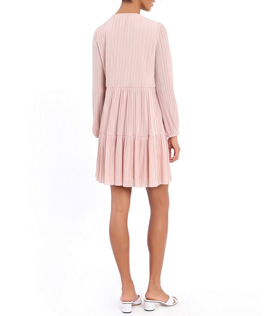 London Times Long Sleeve Crew Neck Crystal Pleat Tiered Swing Dress
