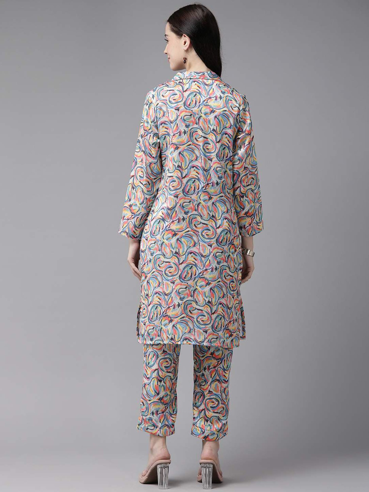 Aarika Multicolored Printed Crop Top Pant Set With Jacket