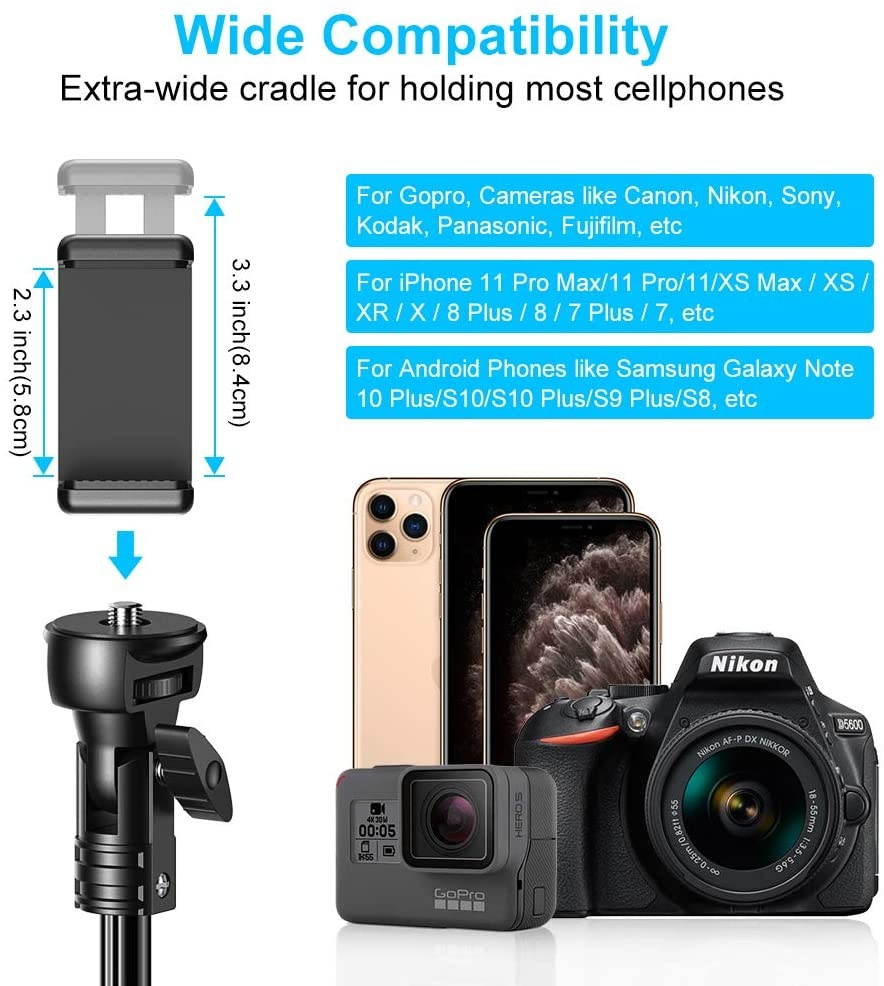 Phone Tripod, 51&ldquo; Extendable Selfie Stick Tripod Bluetooth, All-in-One Travel Tripod with Remote, Compatible with iPhone 11 Pro Max/11 Pro/11/XS/XS Max/XR/X/8, Galaxy S20/S10, Camera, Gopro