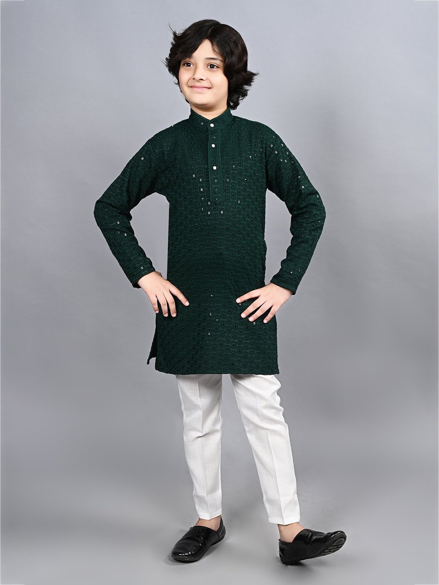 Ahhaaaa Kids Dark Green & White Embellished Full Sleeves Kurta With Pyjamas