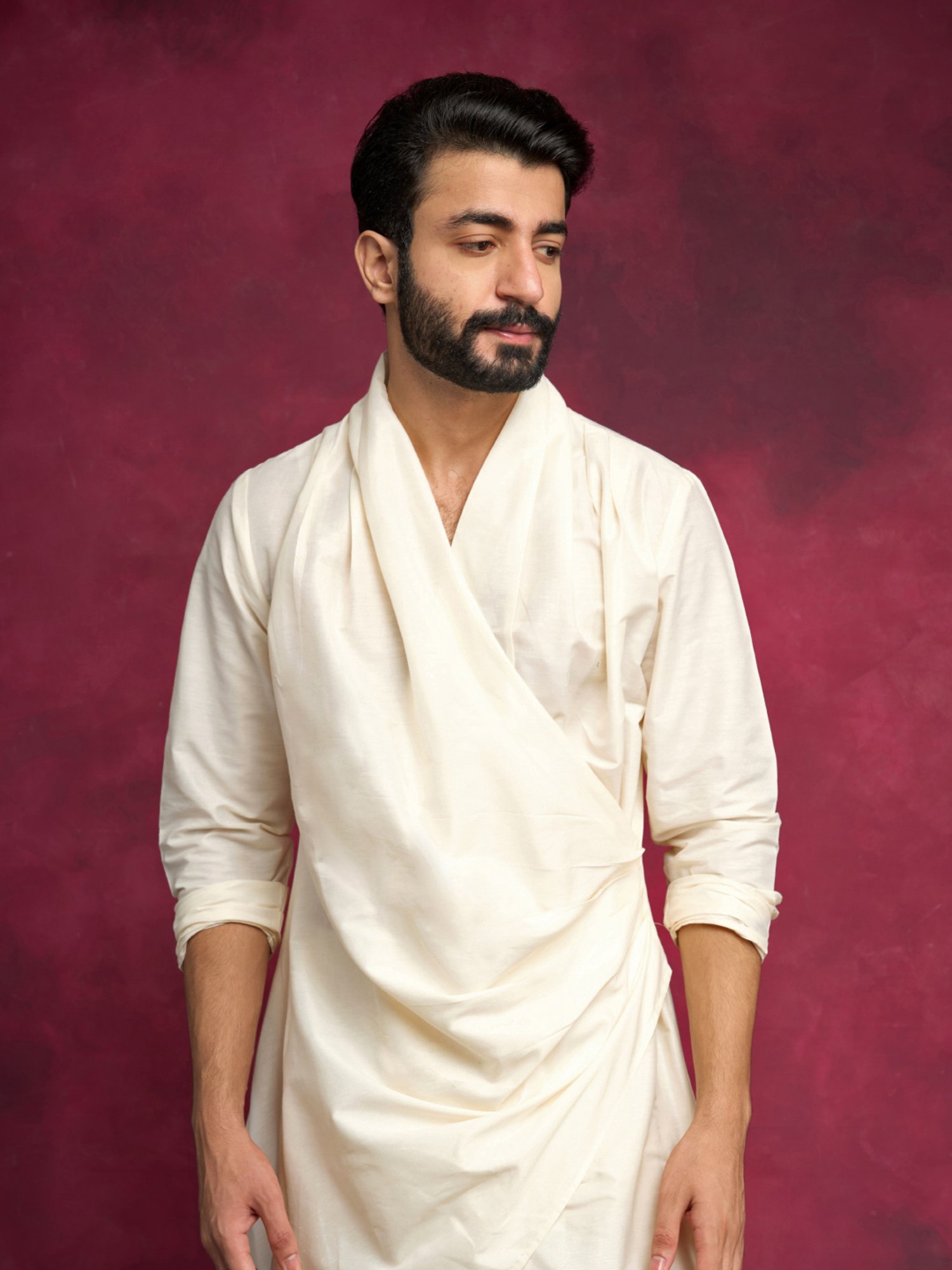 Abhishti Cream Straight Fit Cowl-Draped Asymmetric Kurta
