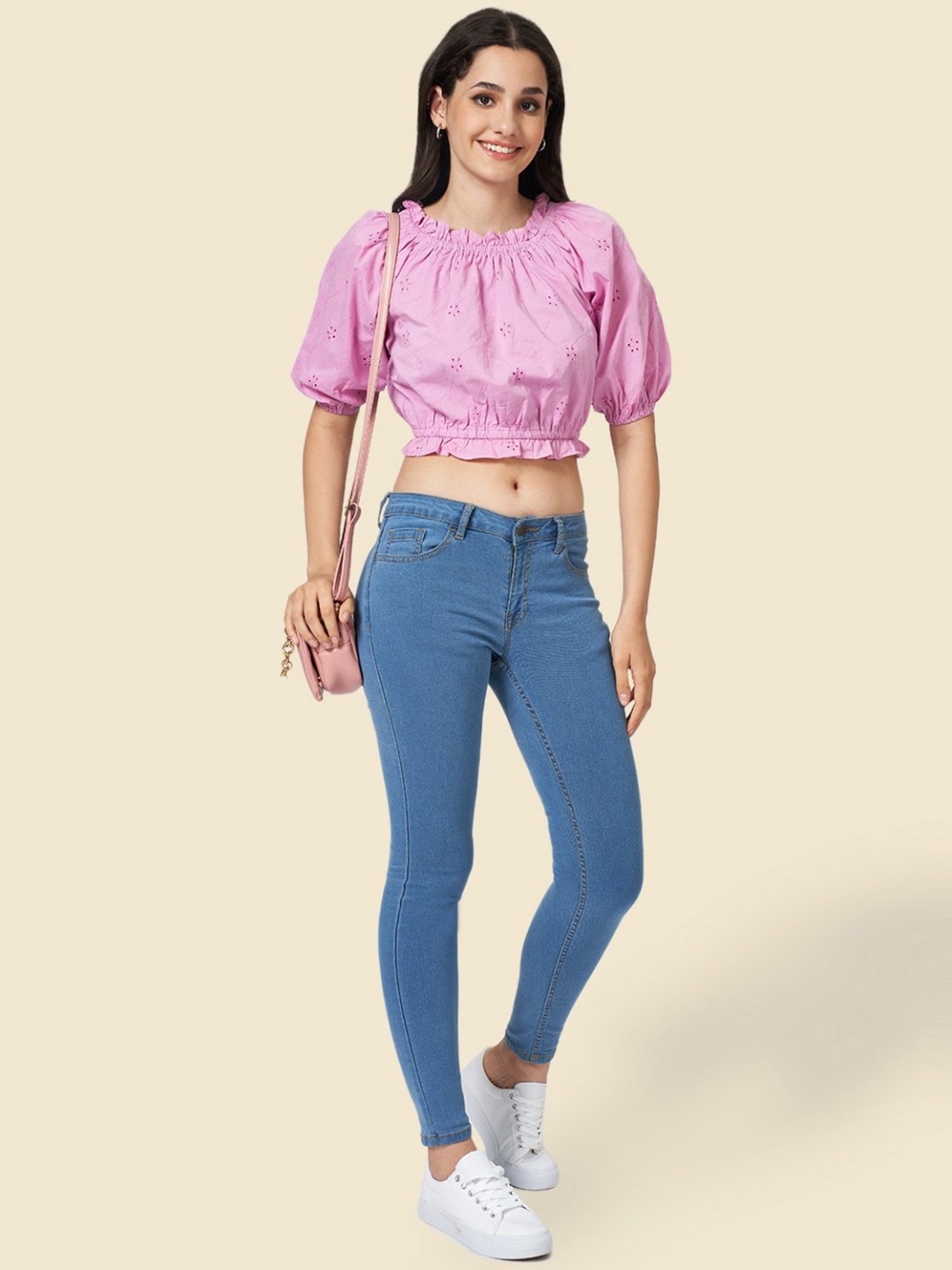 YU by Pantaloons Purple Cotton Self Pattern Crop Top