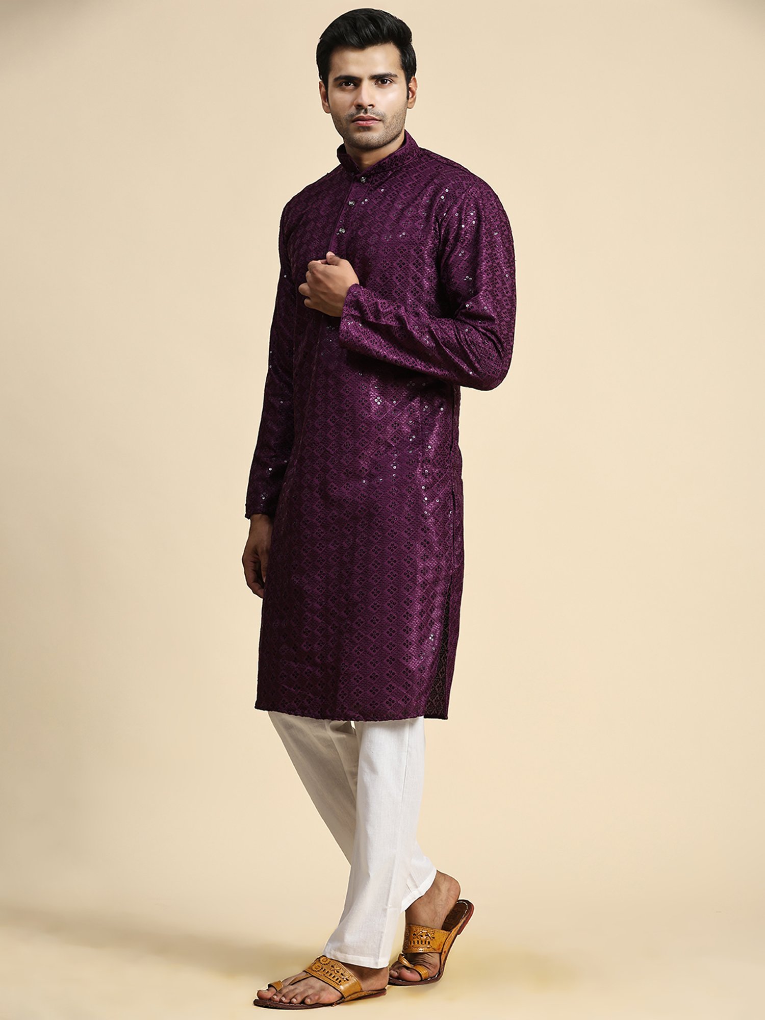 Pro-Ethic Style Developer Purple & White Regular Fit Embroidered Kurta & Pyjamas Set