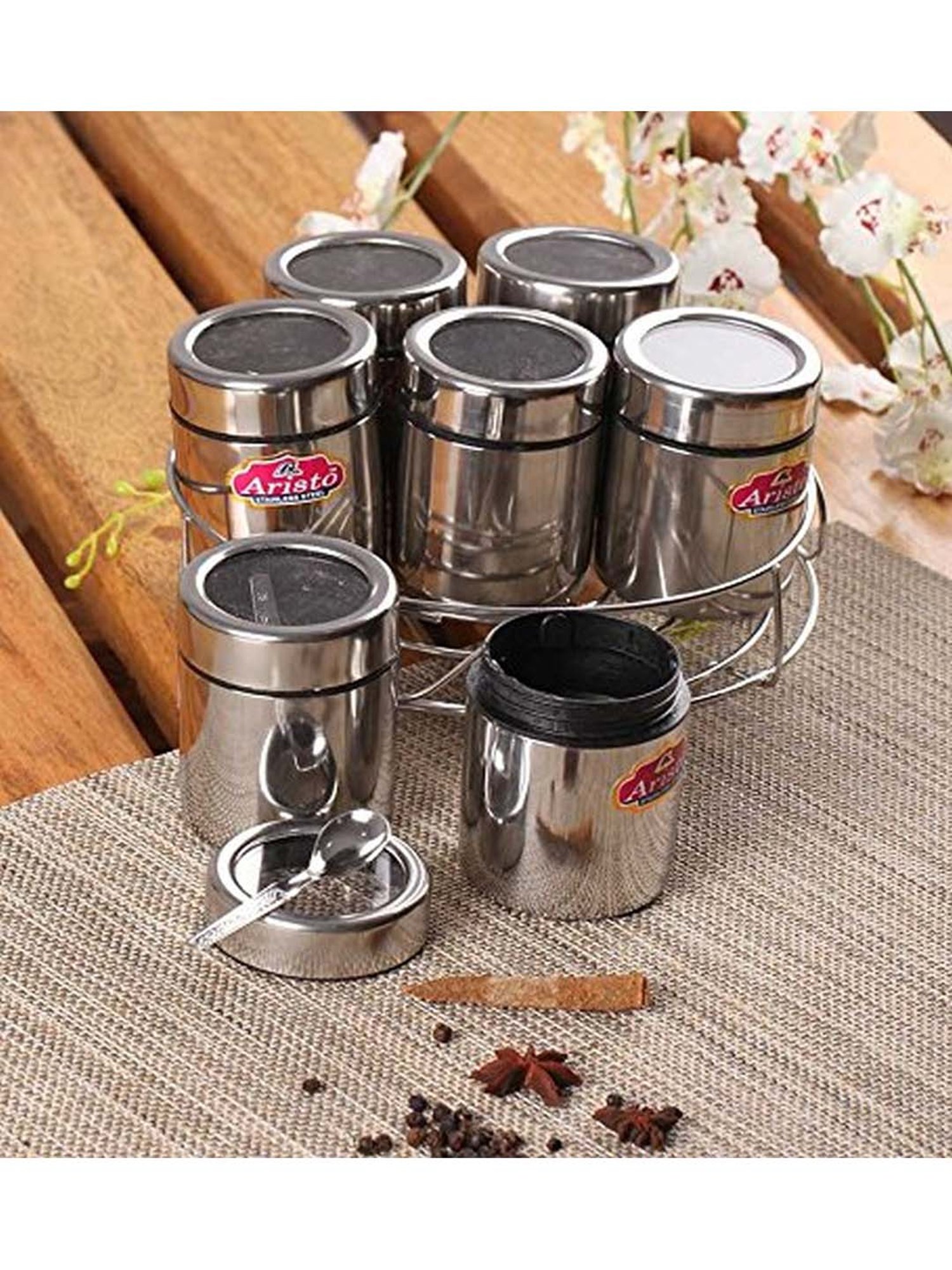 Aristo Silver Stainless Steel Storage Containers with Base Stand - Set of 7