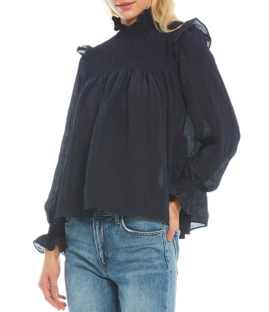 French Connection Boza High Mock Neck Crinkle Smocked Yoke Ruffle Shoulder Detail Blouson Sleeve Top