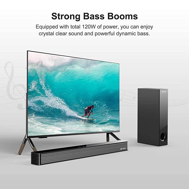 Sound Bar  TV Sound Bar with Wired Subwoofer 120W 21 Soundbar Wired Wireless Bluetooth 50 Speaker for TV 25 Inch OpticalAuxCoaxial Bass Adjustable Surround Sound for Home Theater
