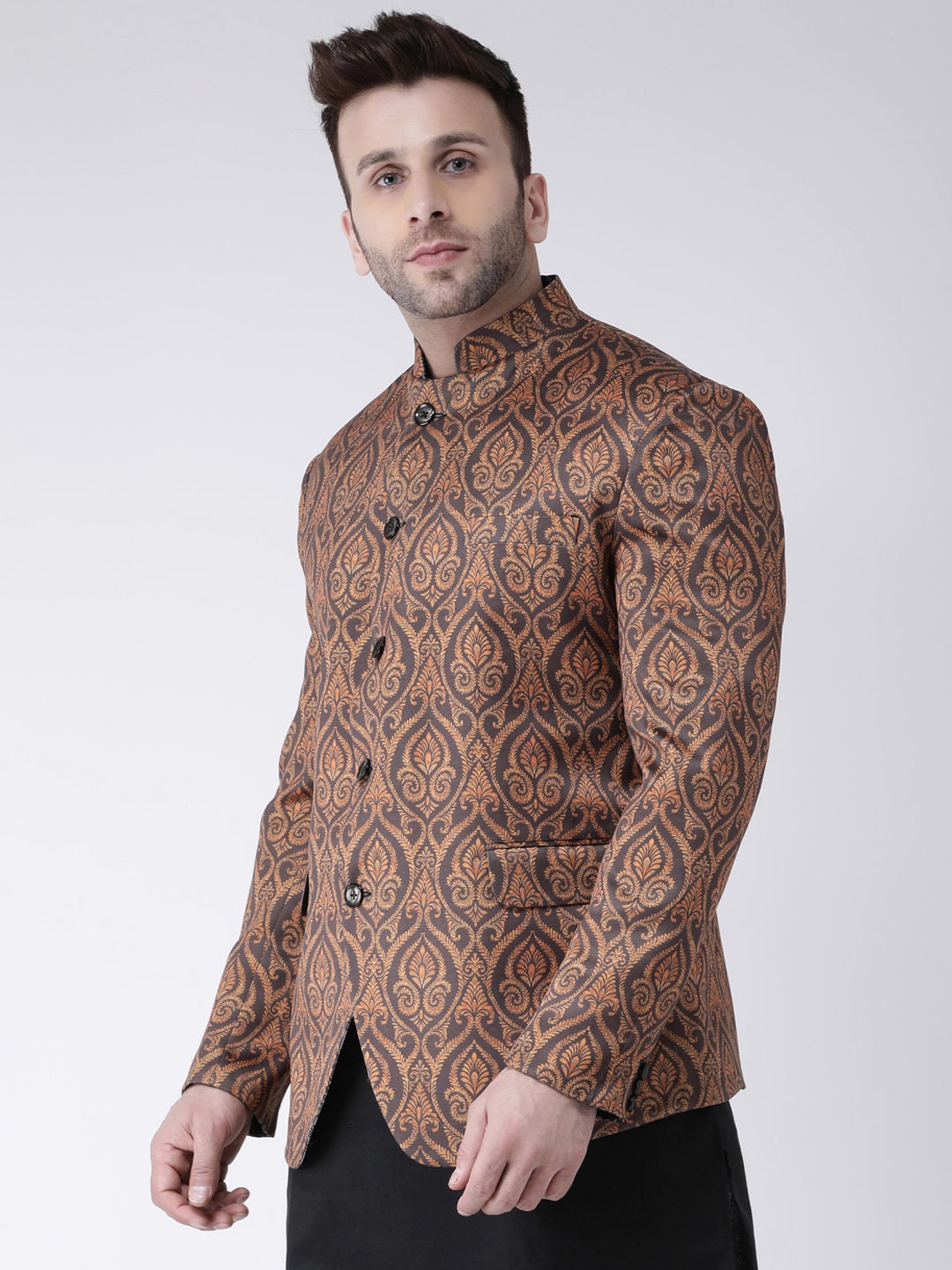 Hangup Plus Brown Regular Fit Printed Ethnic Blazer