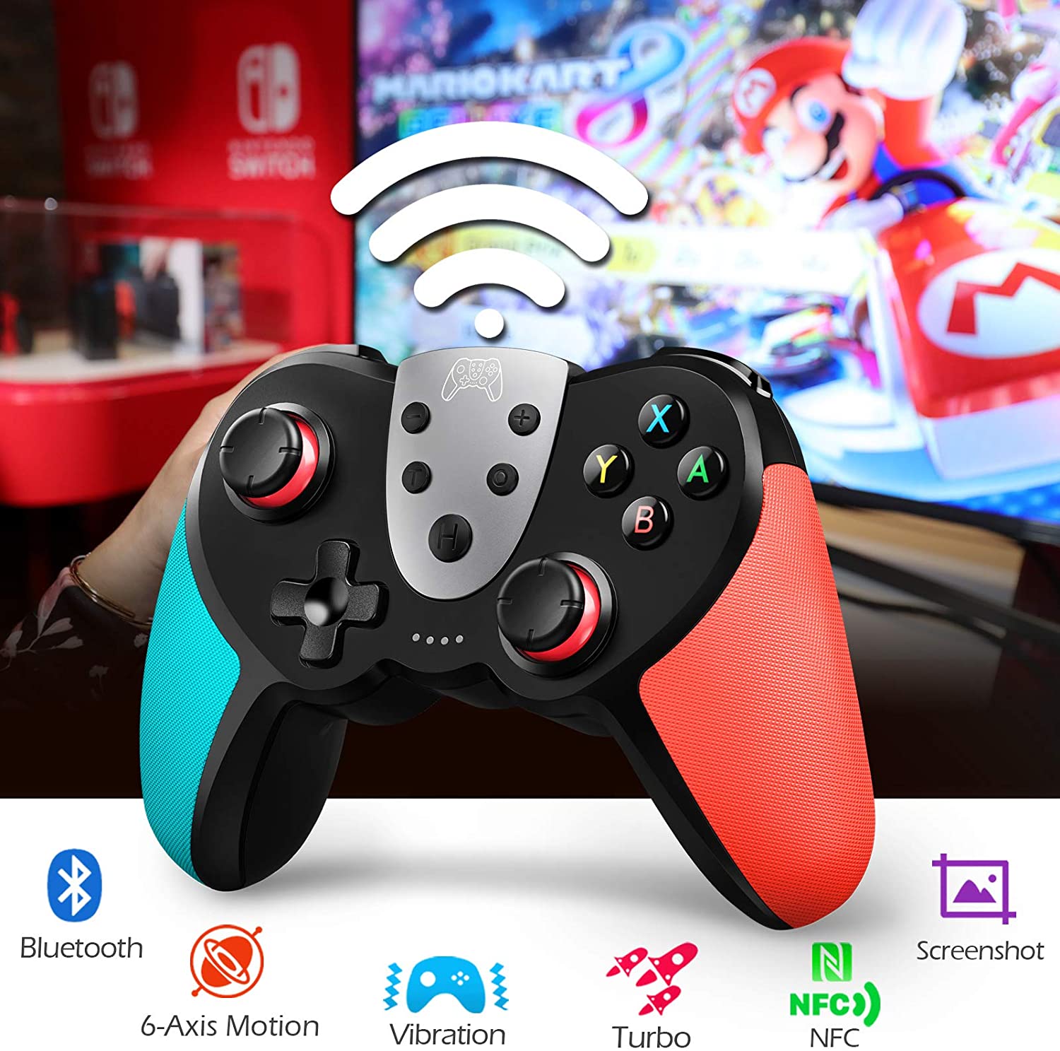 Wireless Pro Controller for Switch/Switch Lite &ndash; Premium Joypad for Video Games &ndash; 3 Levels of Turbo Speed &ndash; NFC Technology&ndash;Adjustable Vibration Intensity (Blue & Red)