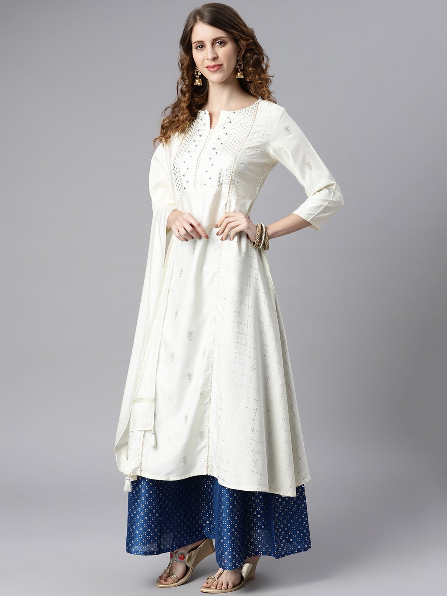 Janasya White & Blue Round Neck Kurta With Palazzo & Dupatta