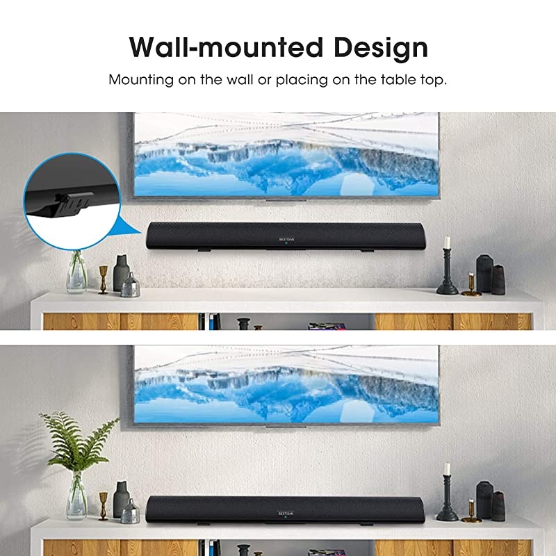 Bestisan Sound bar with Strong Bass Wireless Bluetooth 50 Audio Speakers for TV 3D Stereo Surround 28 Inch 60W DSP Bass AdjustableOpticalAUXRCA Wall Mountable
