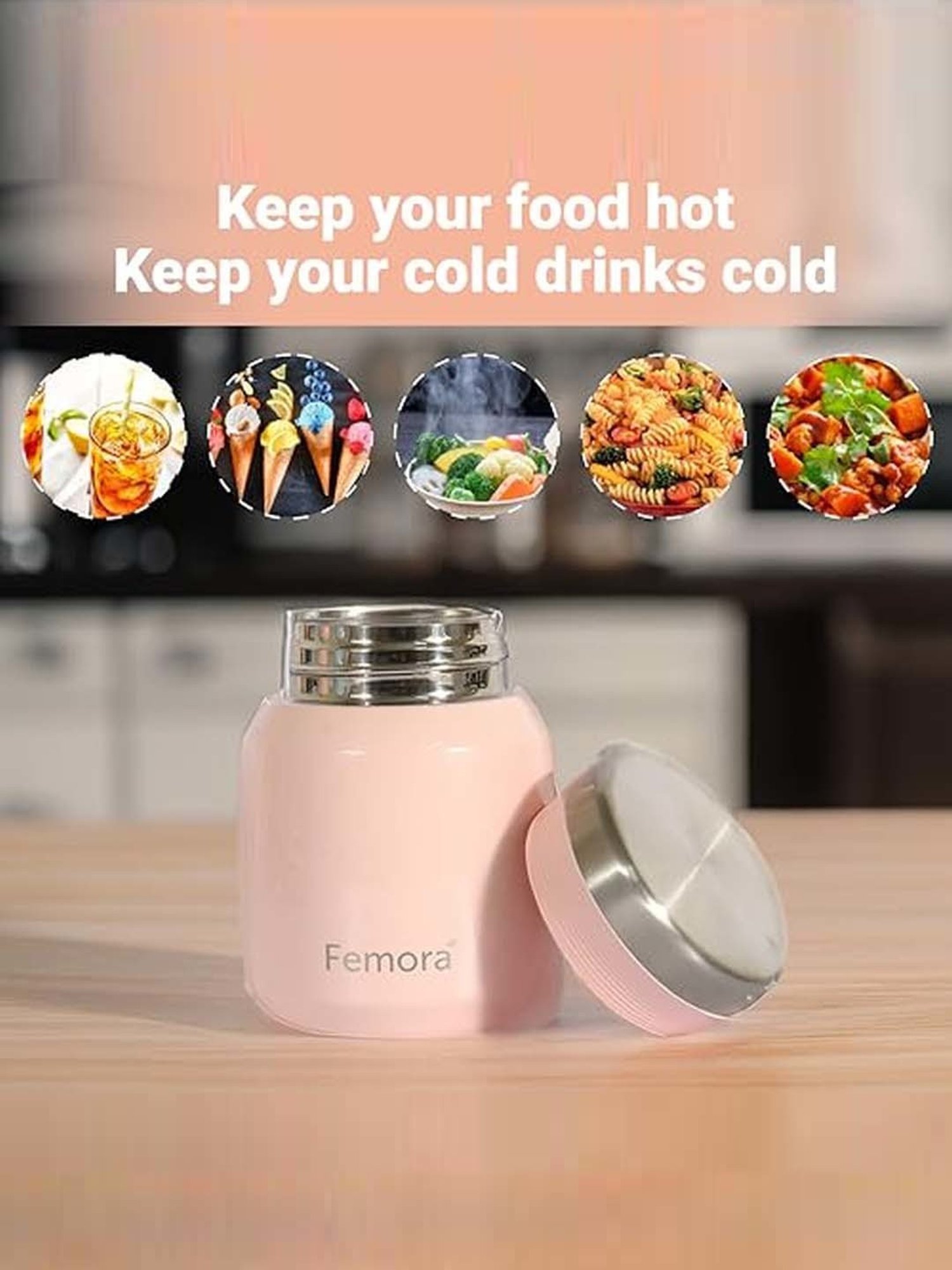 Femora Pink Stainless Steel Double Walled Thermos For Hot Food (0.3 L)