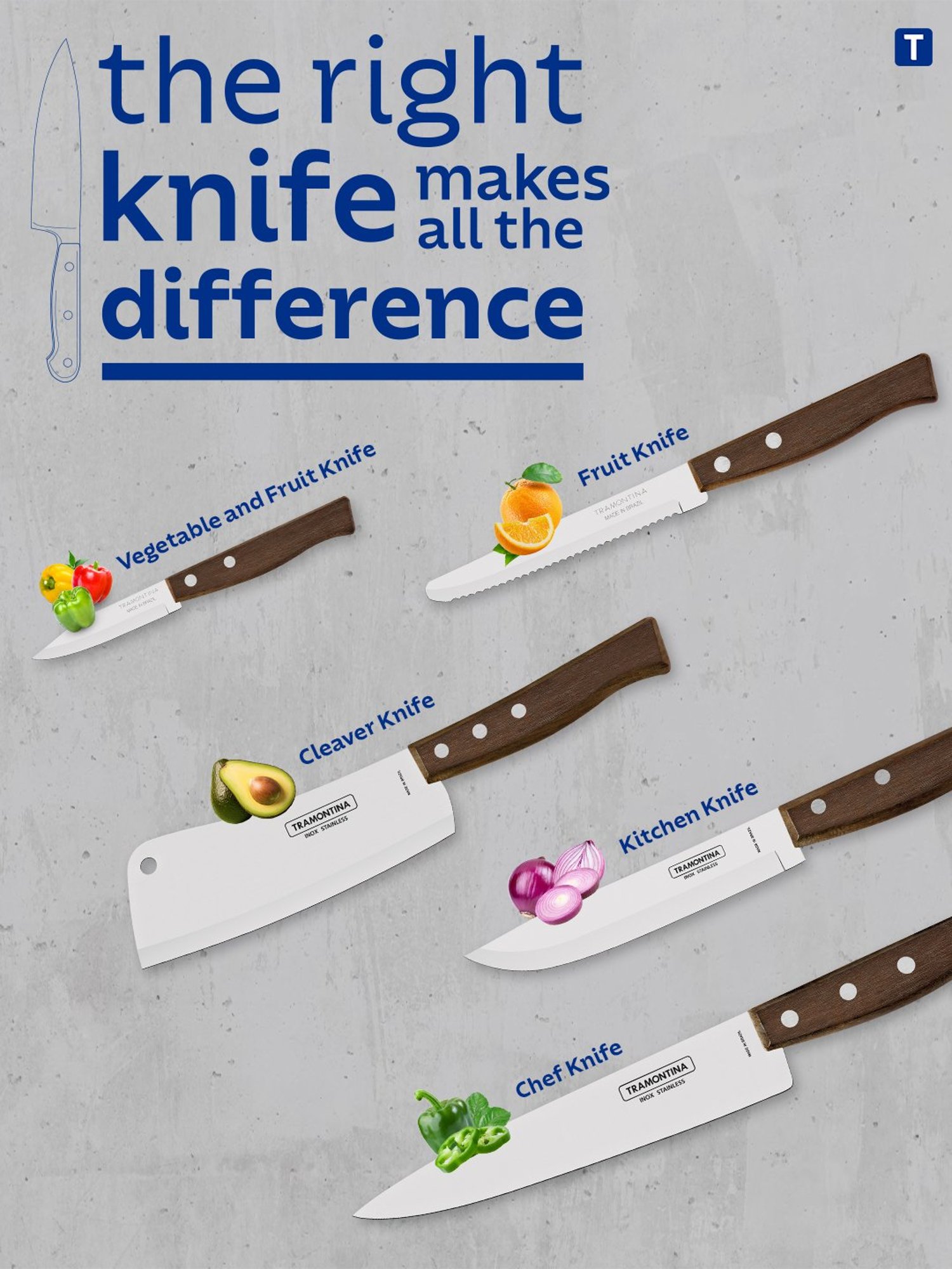 Tramontina Tradicional Stainless Steel Cleaver Knife 5.9" Plain Brazilian Wood Handle Kitchen Knife