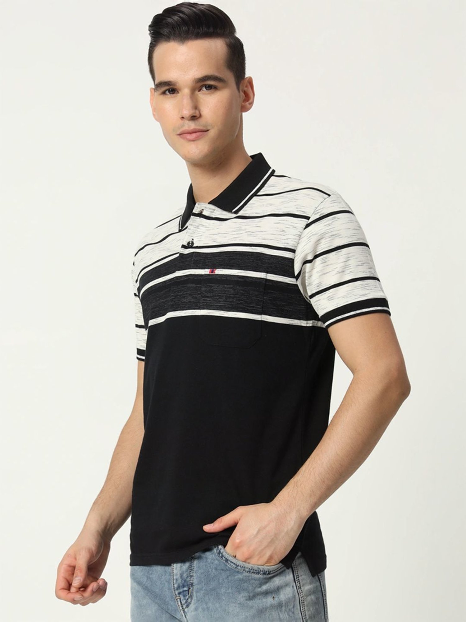 Tab91 White Regular Fit Striped Polo T-Shirts