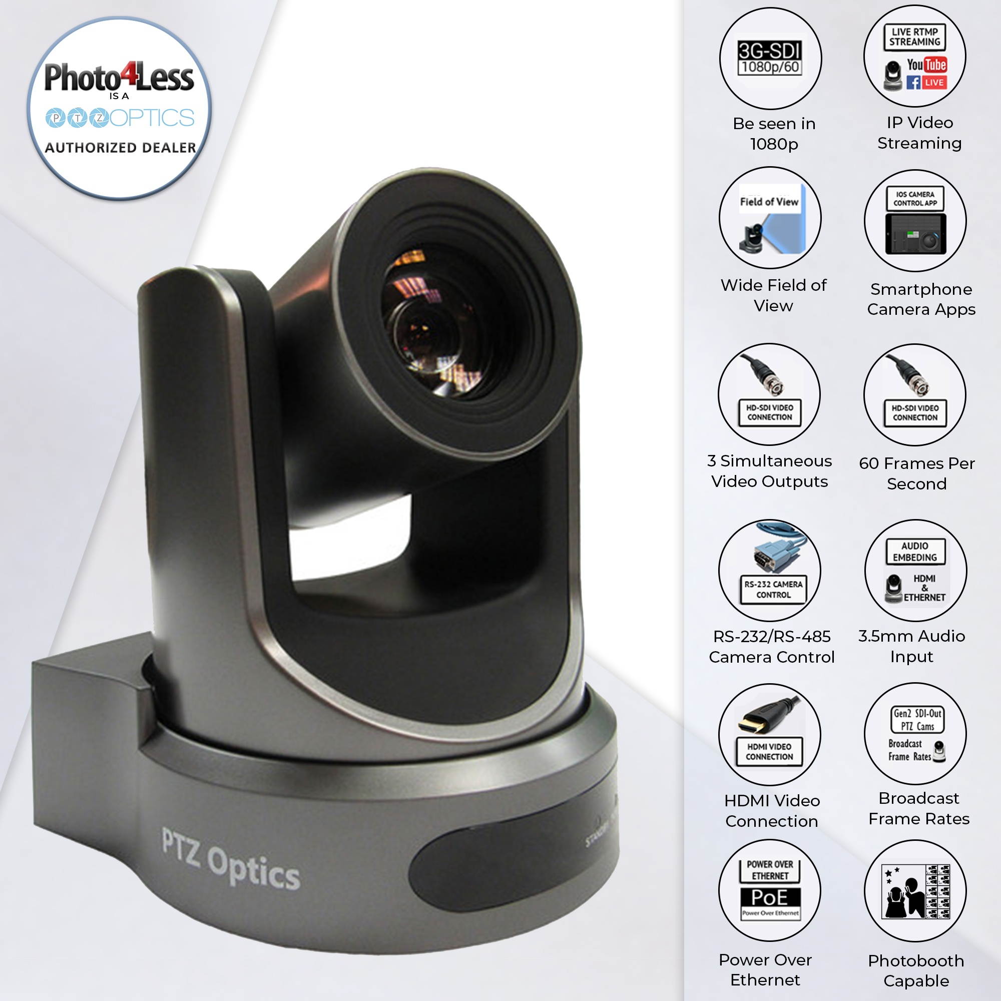 PTZOptics 2MP Full HD Indoor PTZ Camera, 20x Optical Zoom, USB 3.0, Gray