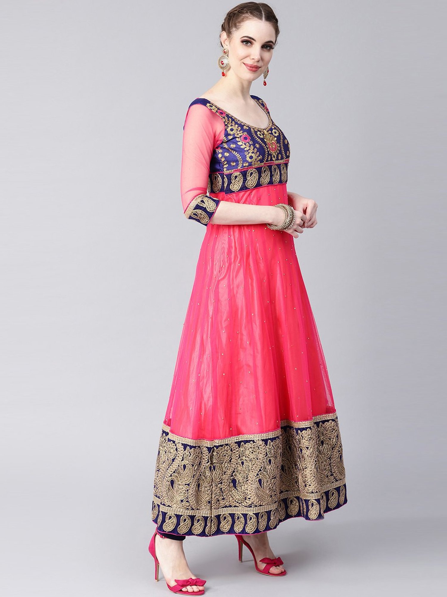 Chhabra 555 Pink & Blue Embroidered Made-To-Measure Kurti Churidar Set With Dupatta