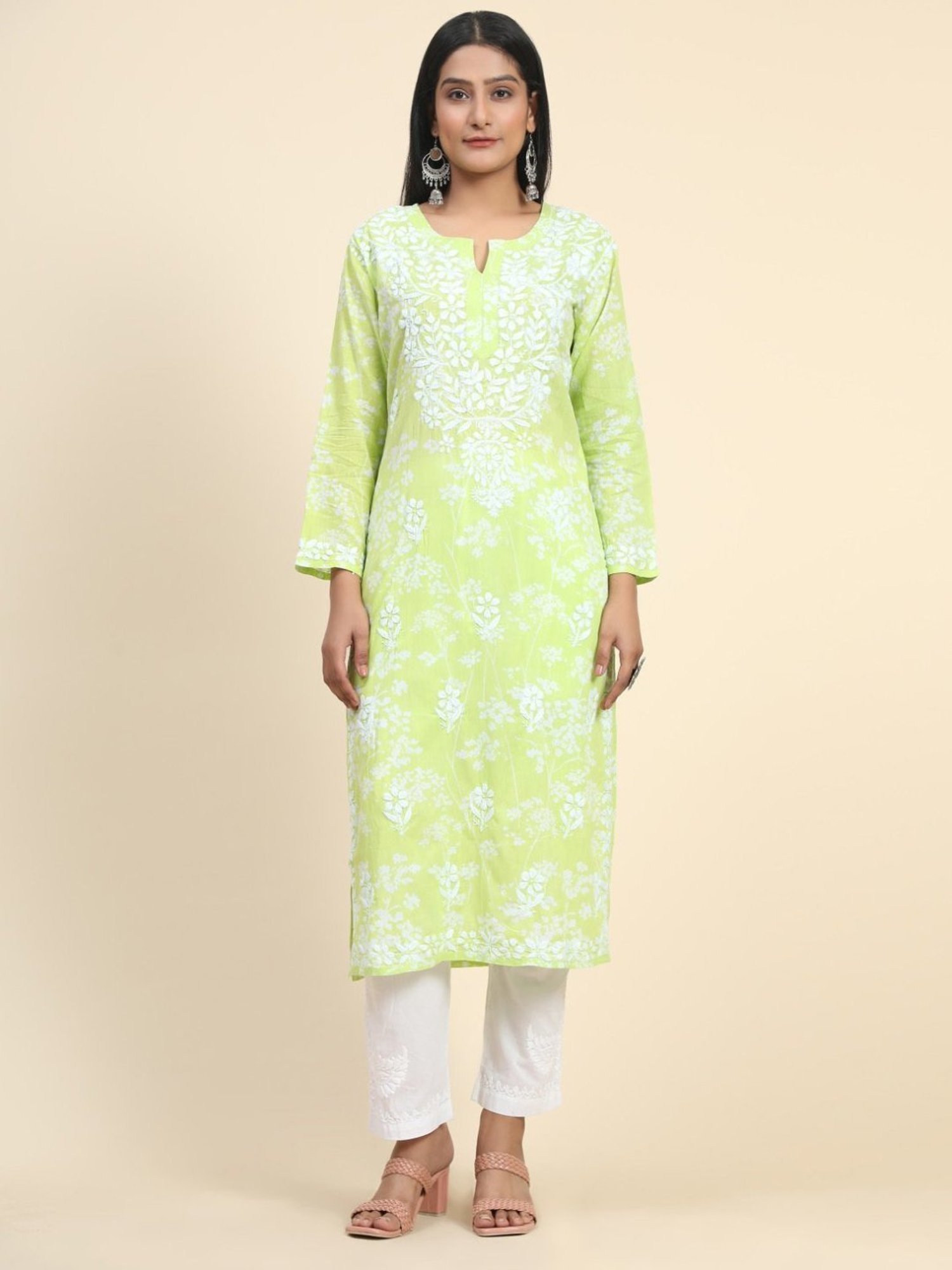 House Of Kari Noor Printed Emb Kurta in Mul-Yellow Green