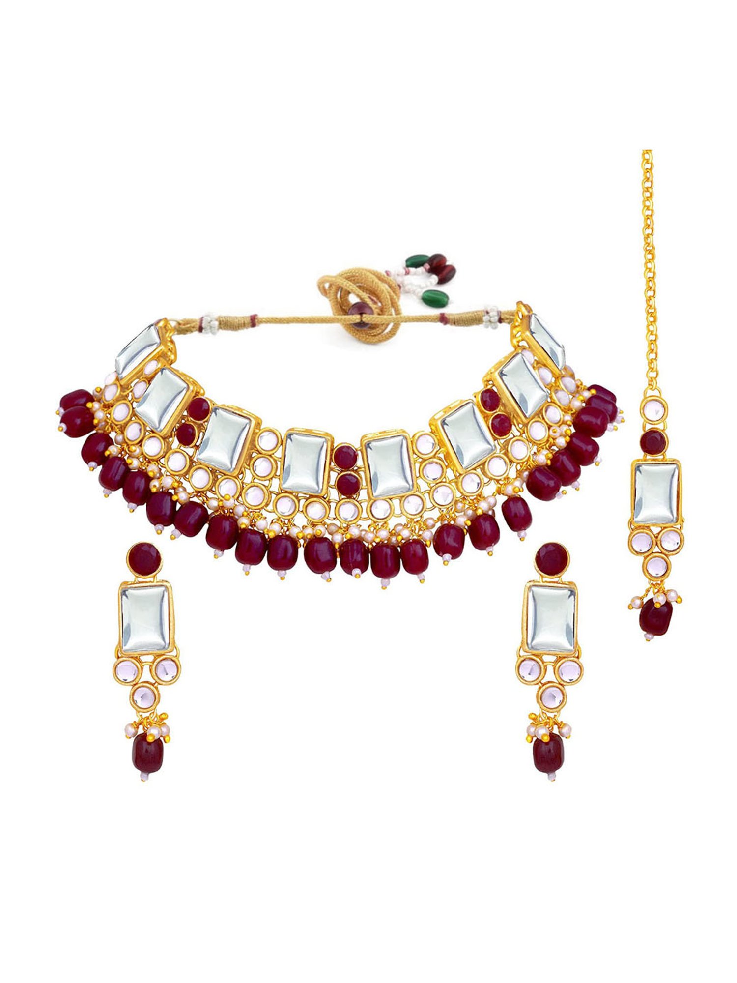 OOMPH Maroon Beads & Kundan Ethnic Choker Necklace Set with Drop Earrings & Maangtikka