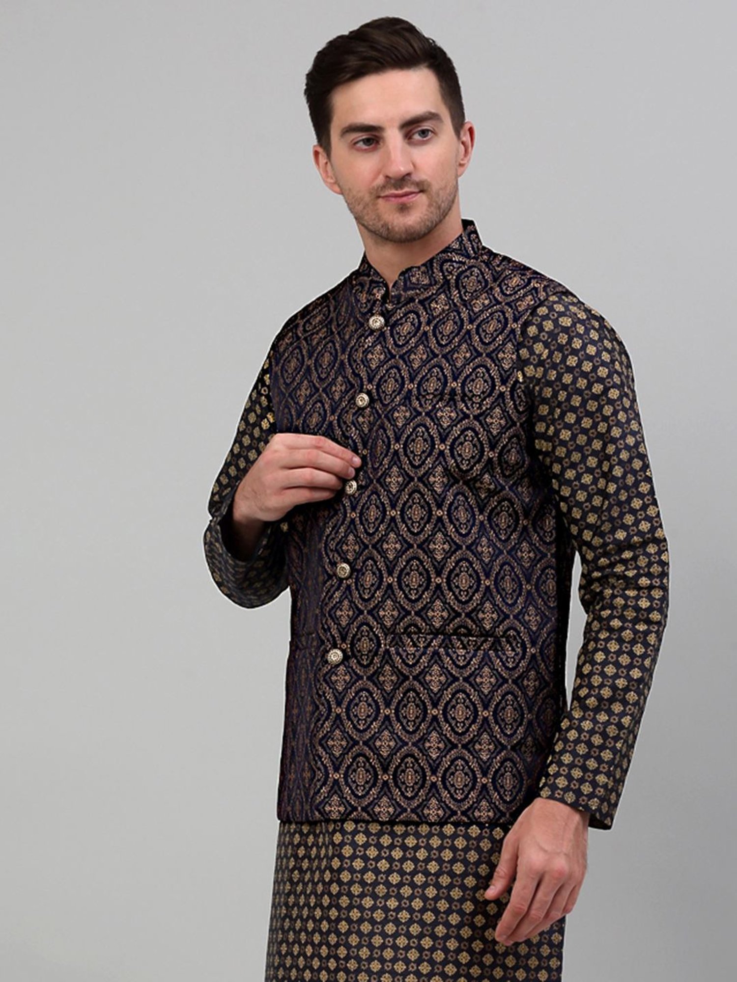 Jompers Brown Regular Fit Self Pattern Nehru Jacket