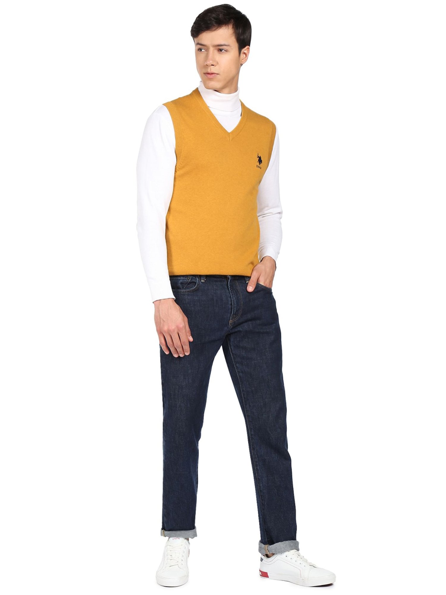 U.S. Polo Assn. Mustard Cotton Regular Fit Sweater