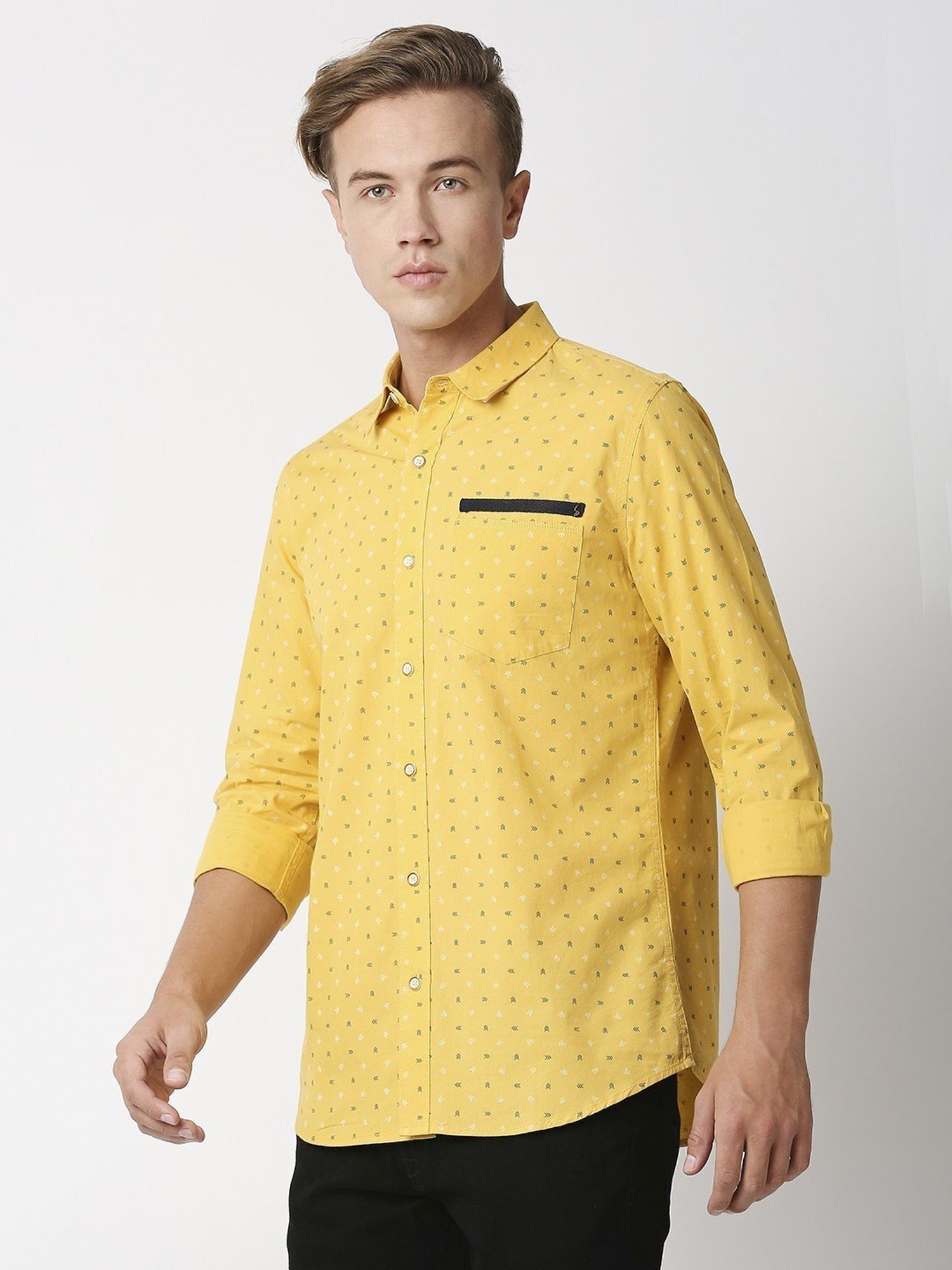 Solemio Yellow Slim Fit Printed Shirt