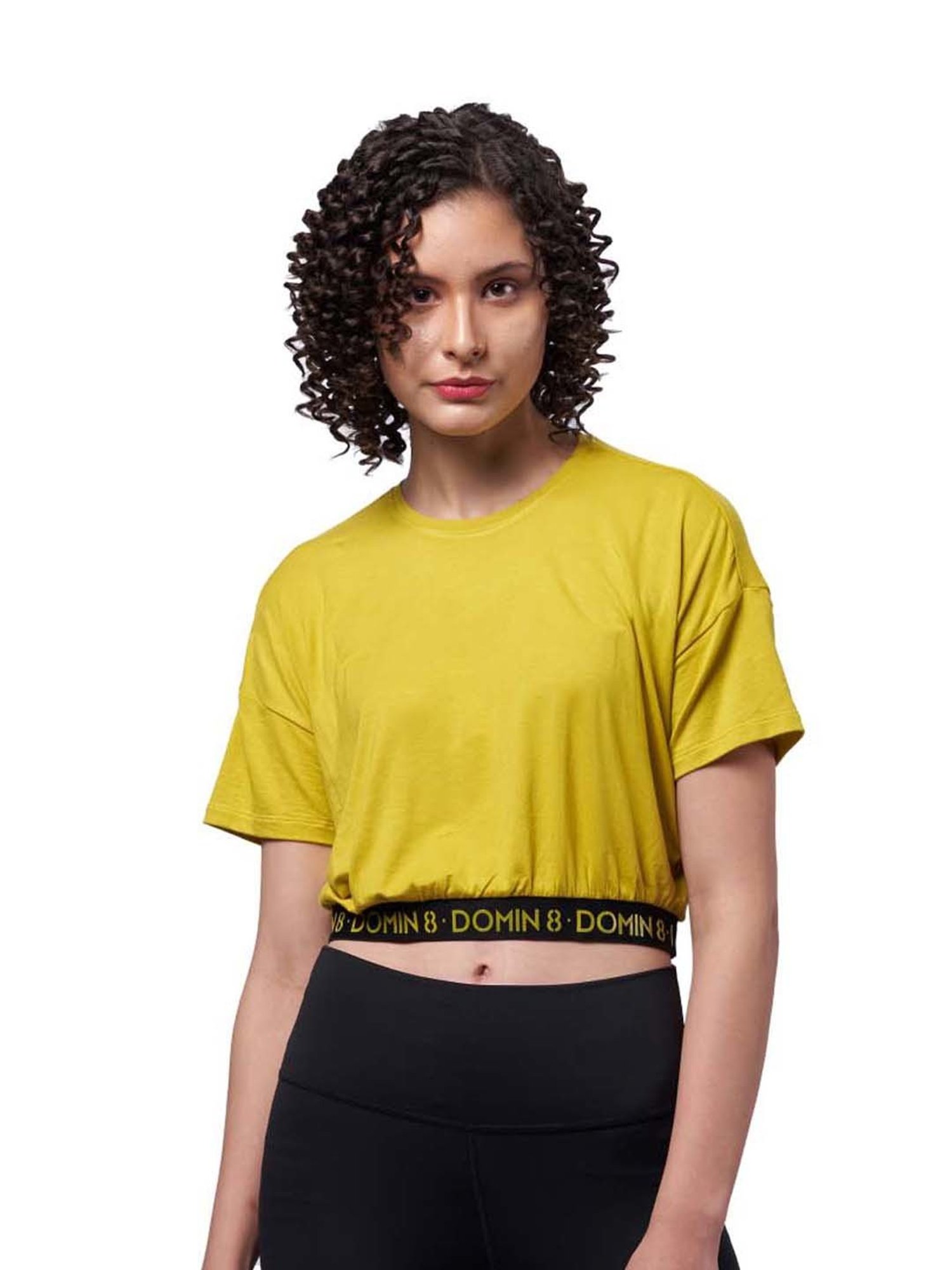 Domin8 Women Solid Shoulder Crop Top With Waist Elastic Band