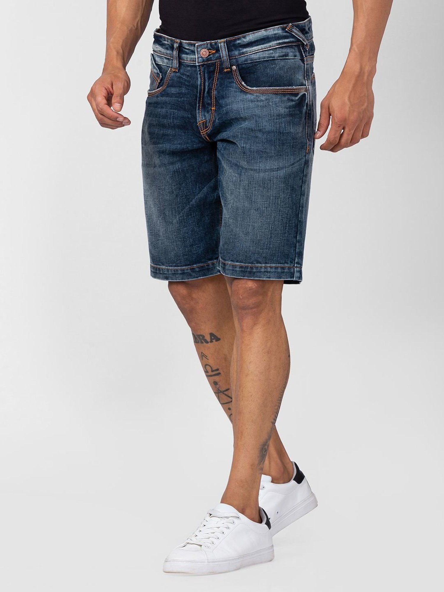 Spykar Vintage Blue Cotton Regular Fit Denim Shorts