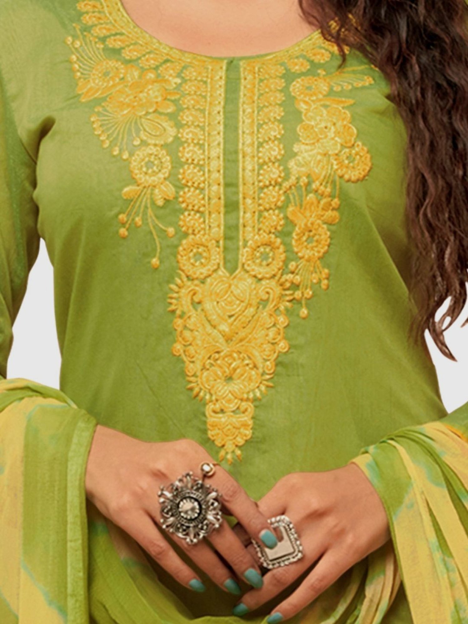 APNISHA Green Embroidered Unstitched Dress Material