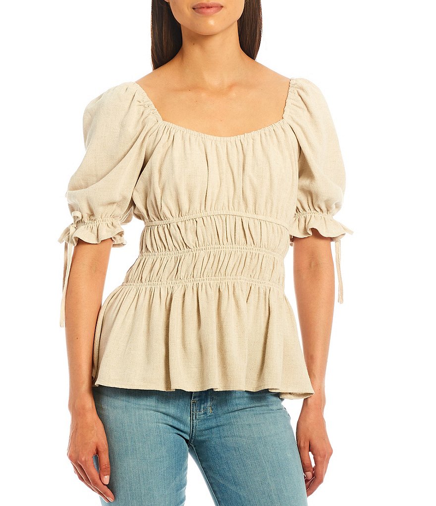 Sugarlips Square Neck Short Sleeve Smocked Peplum Top