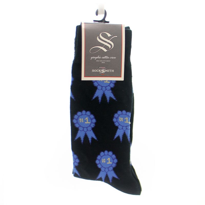 Novelty Socks 10.0" Number One Fan Black Cotton Crew Blue Ribbon Socksmith  -  Socks