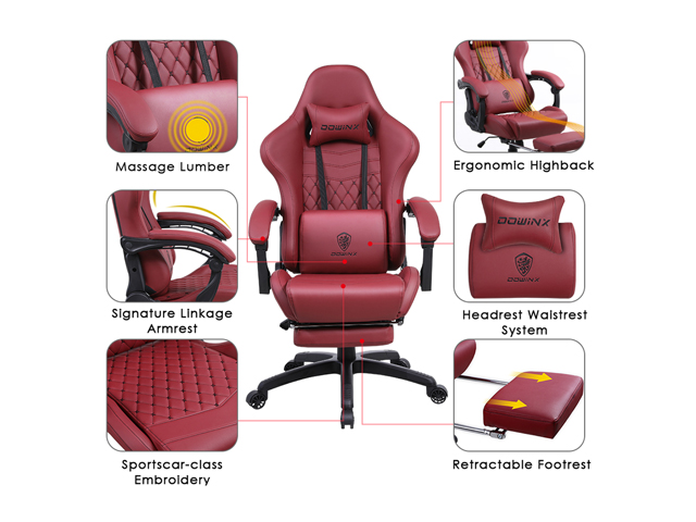 Dowinx Gaming Chair Office Chair PC Chair with Massage Lumbar Support, Racing Style PU Leather High Back Adjustable Swivel Task Chair with Footrest (Black&Red)