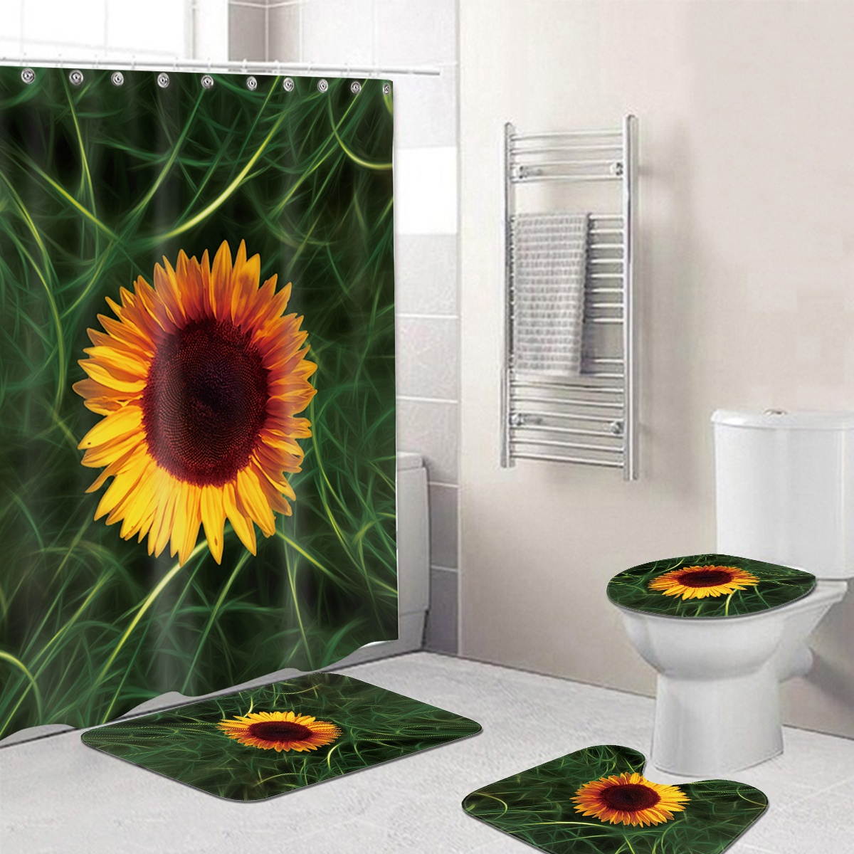 Shower Curtain Sunflower Bathroom Shower Curtain Pedestal Rug Toilet Lid Mat Floor Mat-Shower Curtain