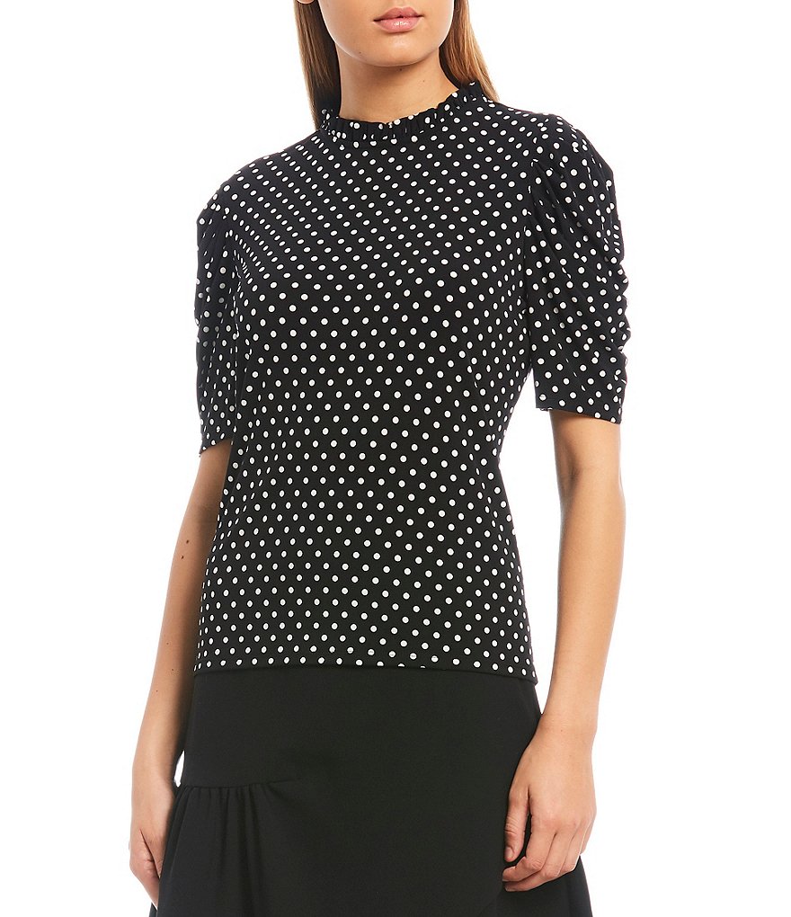 CeCe Polka Dot Puff Sleeve Ruffled Mock Neck Knit Top