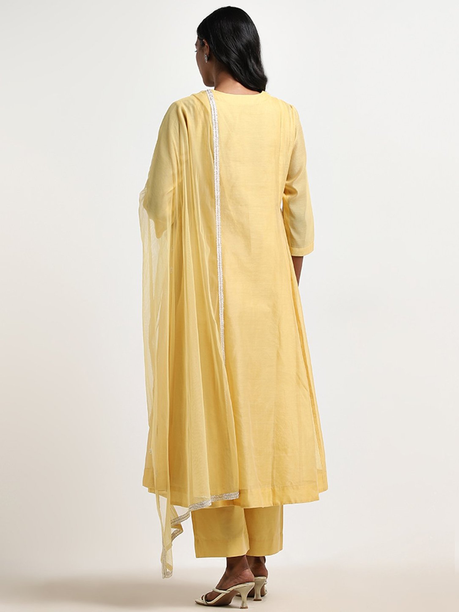 Vark by Westside Yellow Embroidered Kurta, Inner, Pants & Dupatta Set