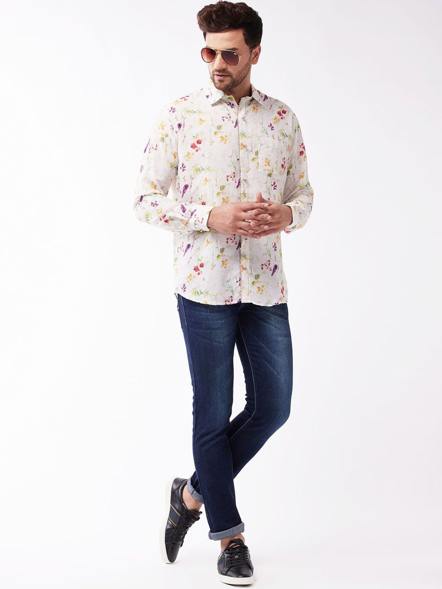 Vastramay Cream Straight Fit Printed Shirts