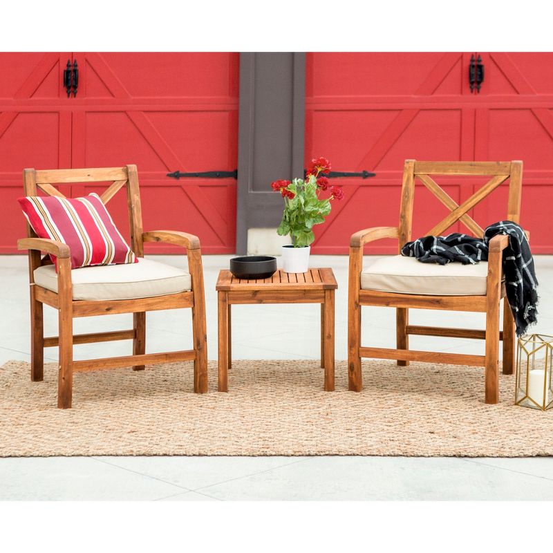 3pc Acacia Wood Patio Chairs and Side Table with Cross Design Brown - Saracina Home
