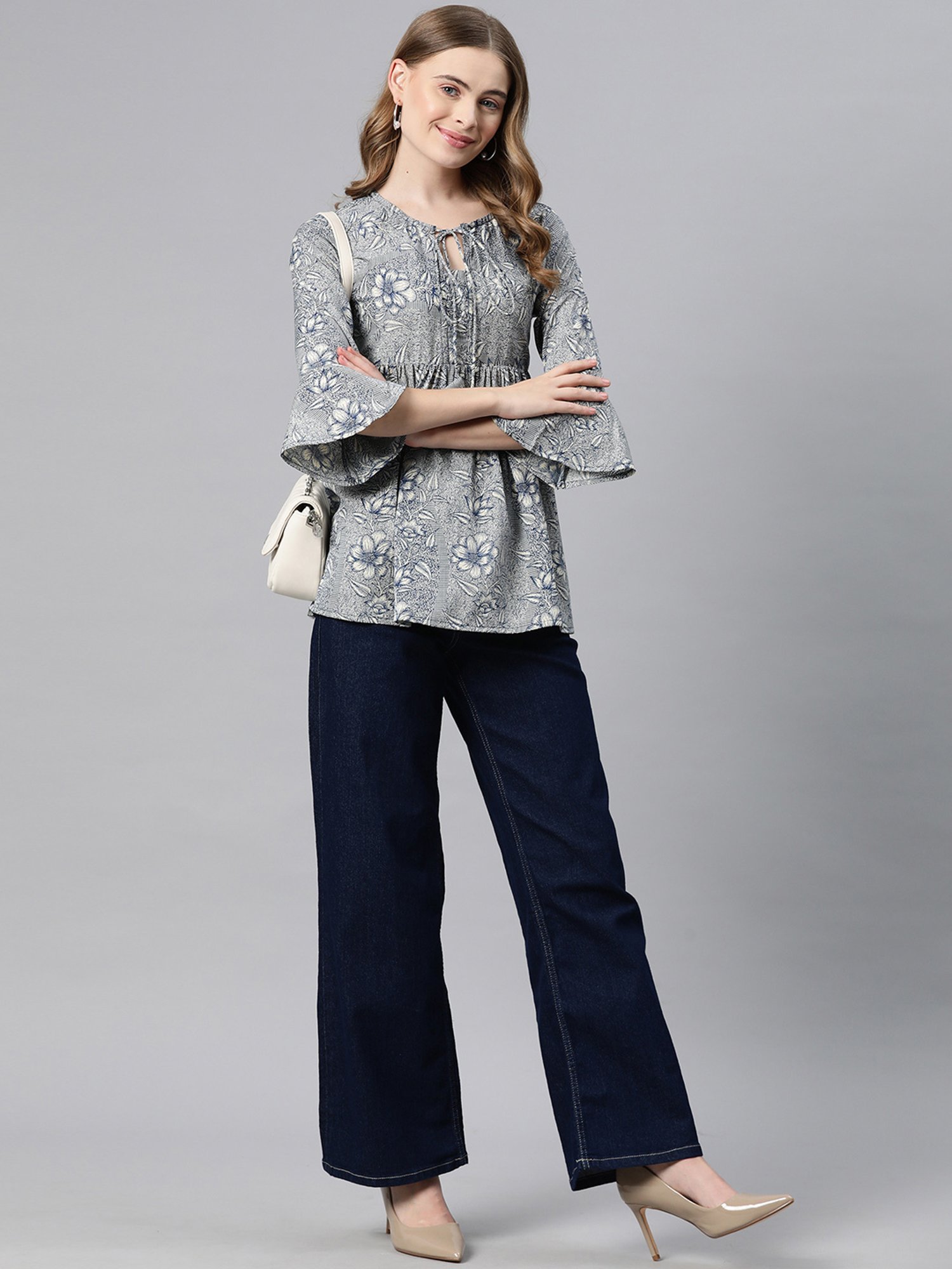 Cottinfab Blue & Cream Floral Print Top