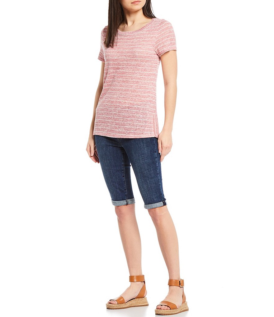 Bobeau Stripe Print Jewel Neck Short Sleeve Side Slit Tee