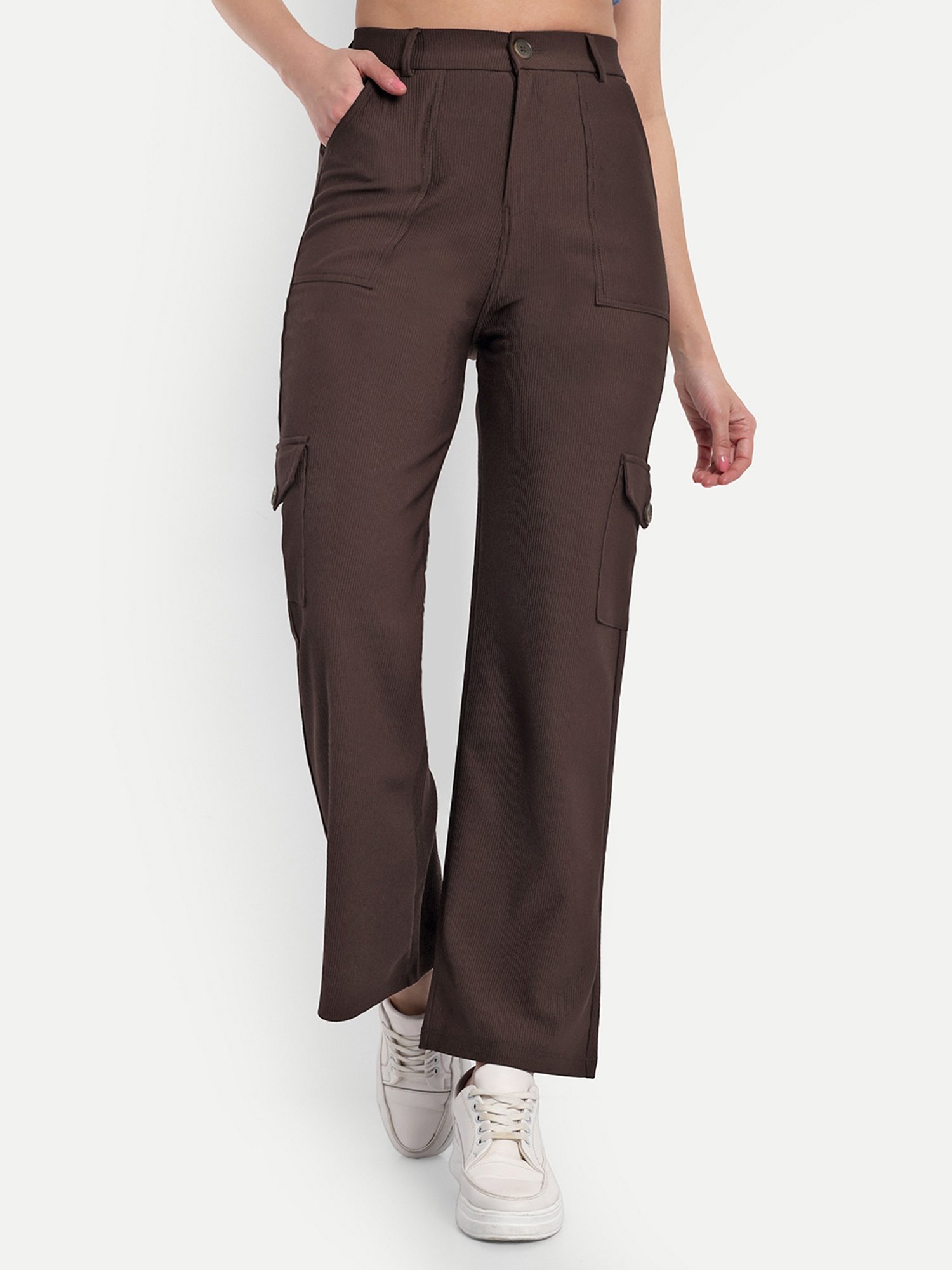 Broadstar Brown Straight Fit High Rise Cargo Pants