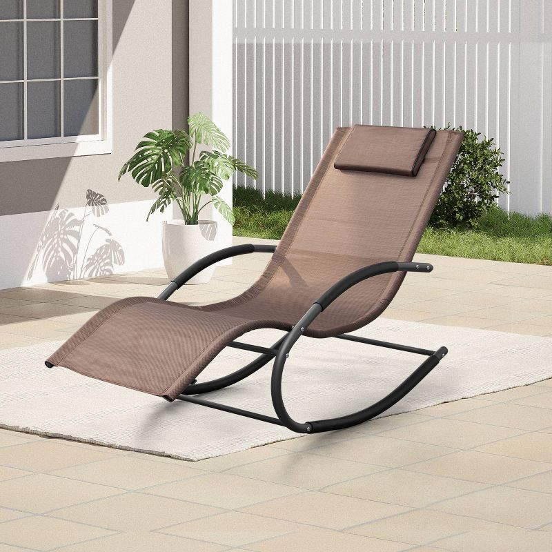 Outdoor Curved Rocker Chaise Lounge Chair with Pillow - Brown - Crestlive Products