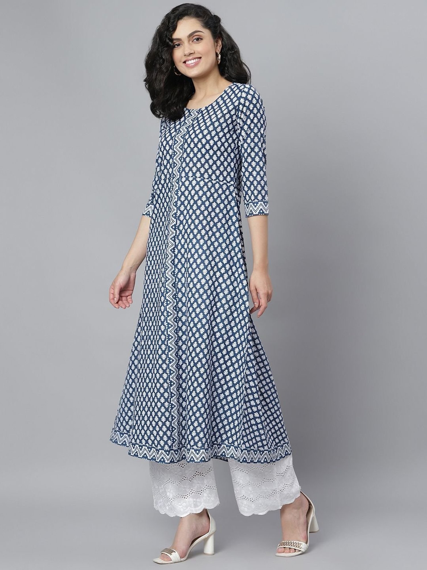 Stylum Blue Cotton Floral Print A Line Kurta With Dupatta