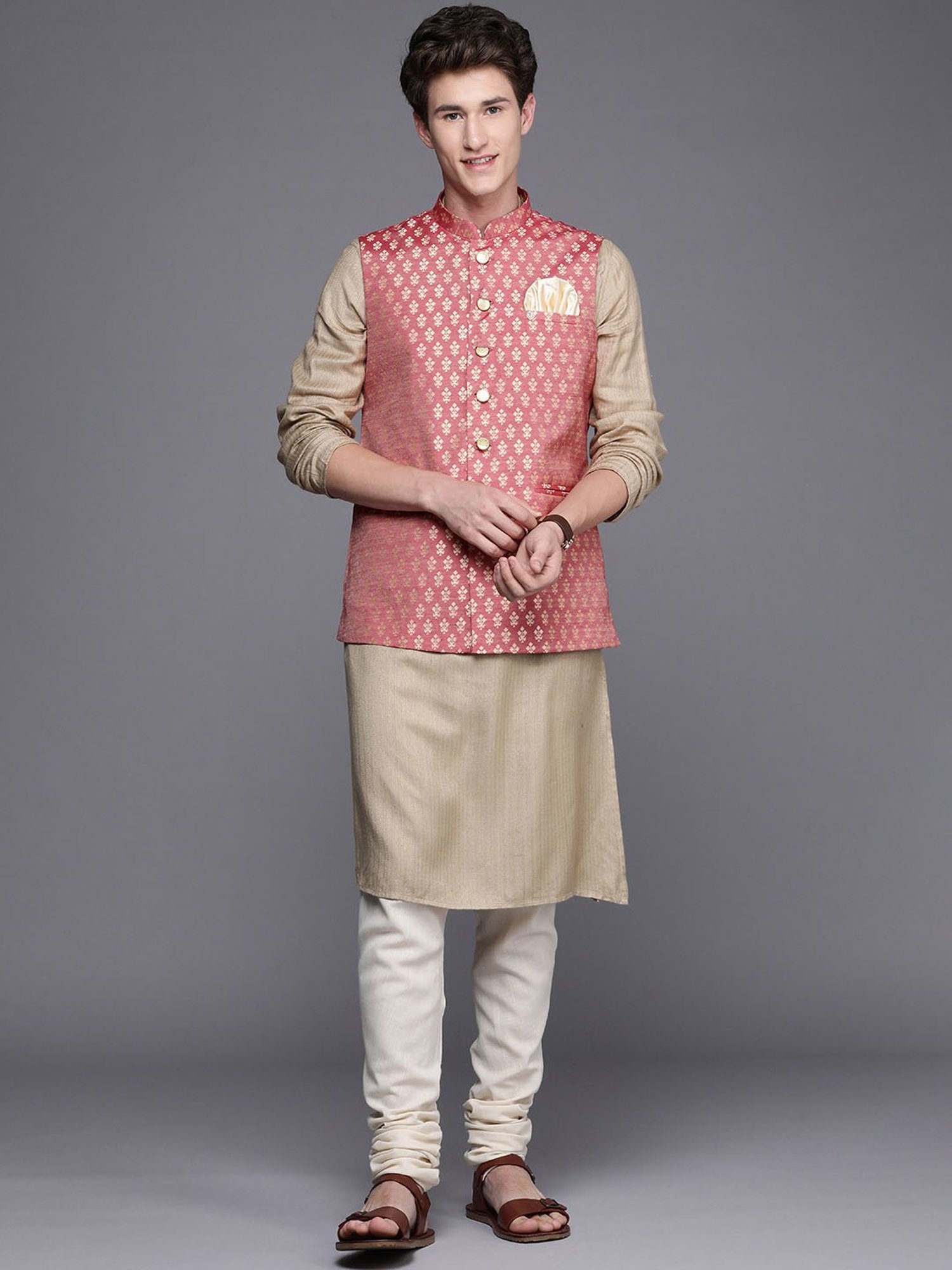 Manyavar Brick Red Regular Fit Self Design Nehru Jacket