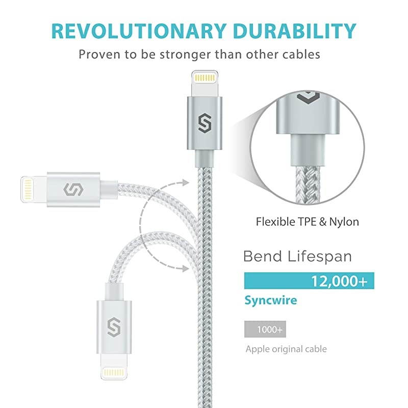 iPhone Charger Lightning Cable 6ft Apple MFI Certified NylonBraided HighSpeed SyncCharging Cord for iPhone 11Xs MaxXsXRX 8 7 6s 6 Plus SE 5S 5C 5 iPad iPod More Silver