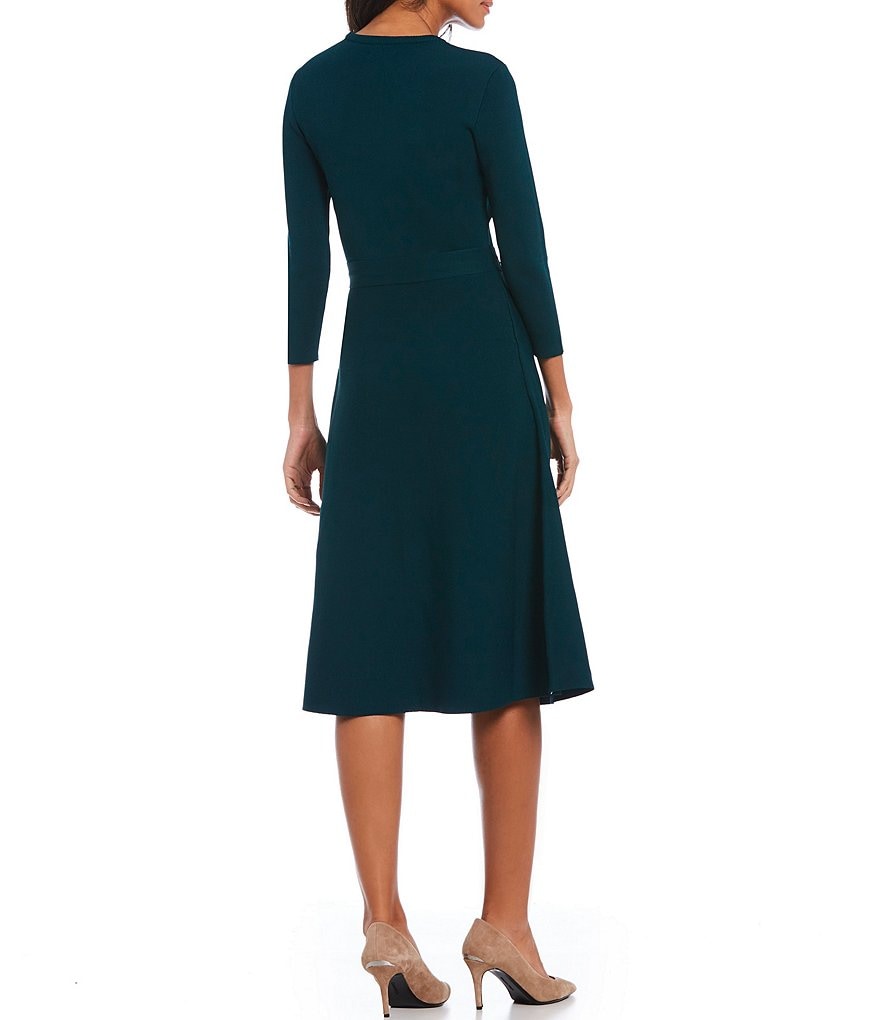 Eliza J 3/4 Sleeve Crew Neck Tie Waist Midi Sweater Knit A-Line Dress